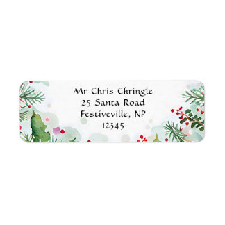 Christmas Holly and Fir Branch Festive Watercolor Return Address Label
