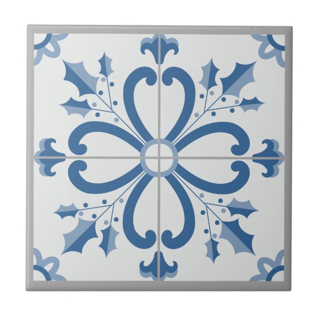 Christmas holly and flowers petals blue tile (Front)