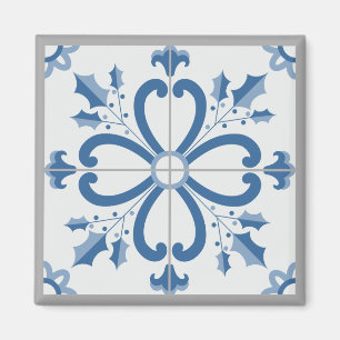 Christmas holly and flowers petals blue tile magnet