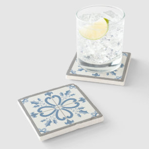 Christmas holly and flowers petals blue tile stone coaster