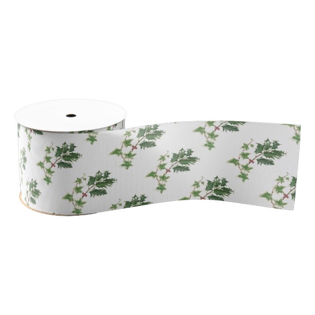 Christmas Holly and Ivy Botanical Watercolour Grosgrain Ribbon (Spool)