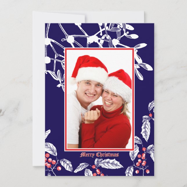 Christmas Holly and Mistletoe Botanical Art Border Holiday Card (Front)