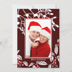 Christmas Holly and Mistletoe Botanical Art Border Holiday Card