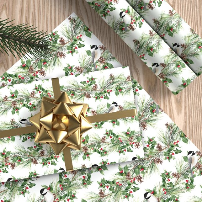 Christmas Holly and Pine Chickadees Wrapping Paper (Creator Uploaded)
