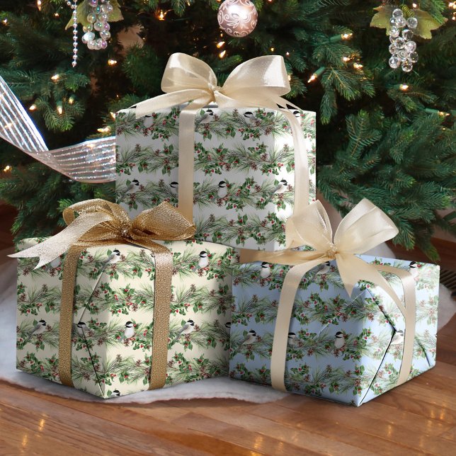Christmas Holly and Pine Chickadees Wrapping Paper Sheet (Creator Uploaded)