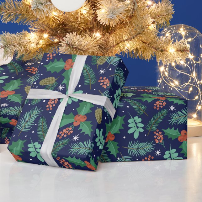 Christmas holly and pine cones pattern wrapping pa wrapping paper (Holidays)