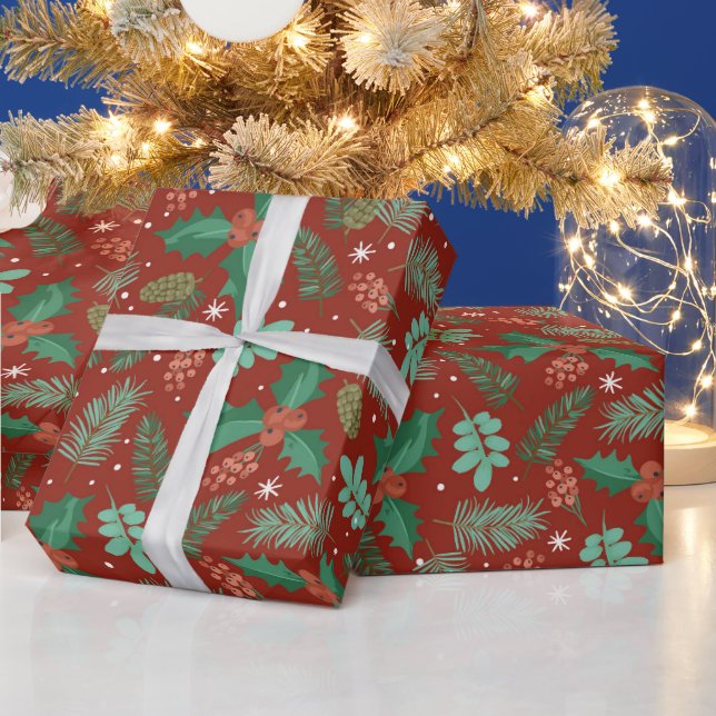 Christmas holly and pine cones pattern wrapping paper (Holidays)