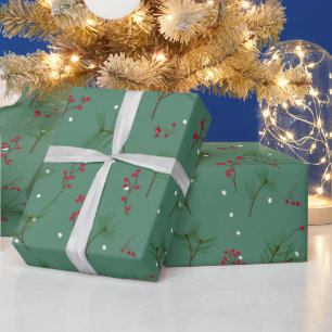 Christmas Holly and Pine Needles on Green Wrapping Paper