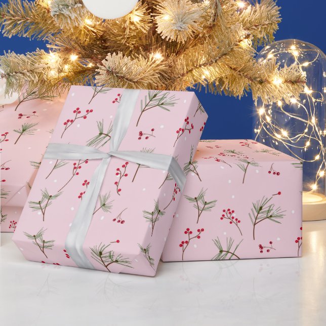 Christmas Holly and Pine Needles on Pink  Wrapping Paper (Holidays)