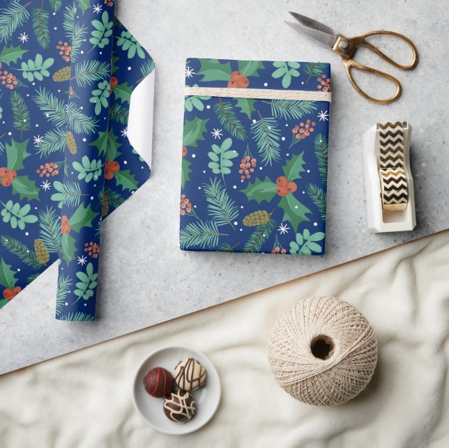 Christmas holly and pinecones seamless pattern 2 wrapping paper (Crafts)