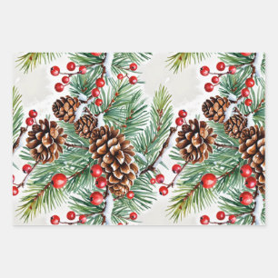 Christmas Holly and Pinecones Wrapping Paper Sheet