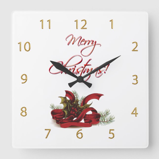 Christmas Holly and Pines Square Wall Clock (Front)