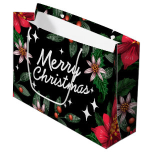 Christmas Holly and Poinsettias Large Gift Bag