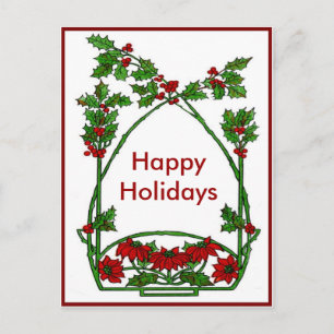Christmas Holly and Pointsettia Holiday Postcard