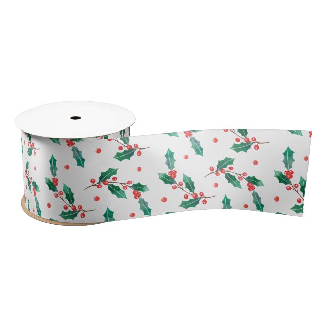 Christmas holly and red berries pattern satin ribbon (Spool)