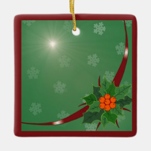 Christmas Holly and Ribbon Ceramic Ornament