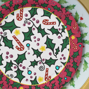 Christmas Holly Artistic Pattern Party Paper Plate