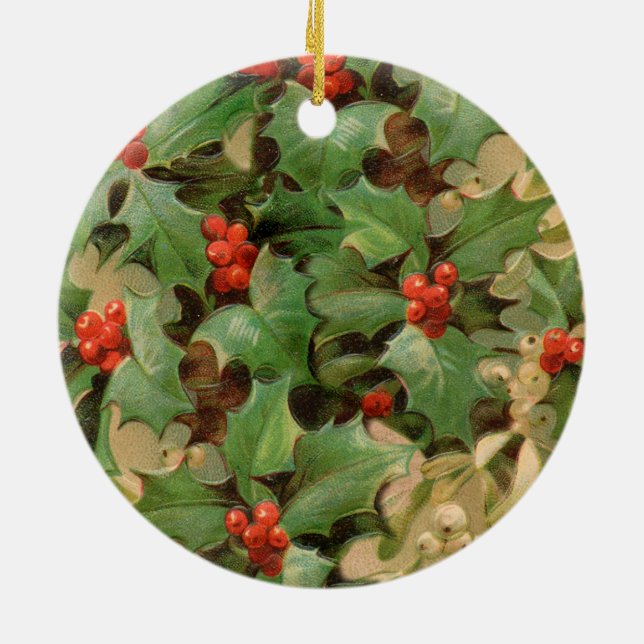 Christmas Holly Artwork Design Festive Pattern Ceramic Ornament (Back)