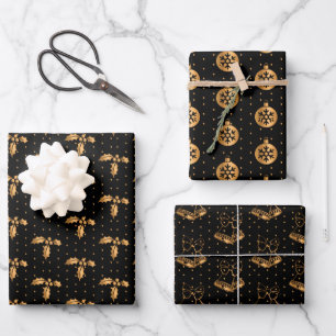 Christmas Holly, Baubles and Holly on Black Wrapping Paper Sheet