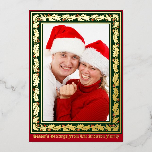 Christmas Holly & Berries Border Photo Foil Holiday Card (Front)