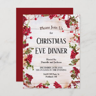 Christmas Holly Berries Christmas Eve Dinner Party Invitation