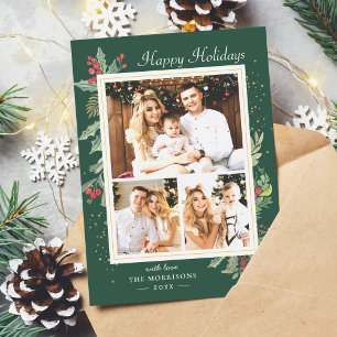 Christmas Holly Berries Classic Red Green 3 Photo Holiday Card