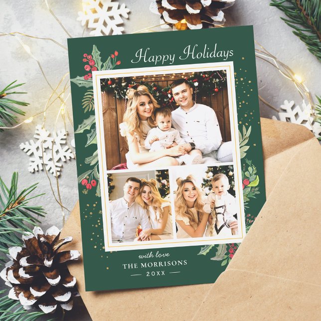 Christmas Holly Berries Classic Red Green 3 Photo Holiday Card (Example)