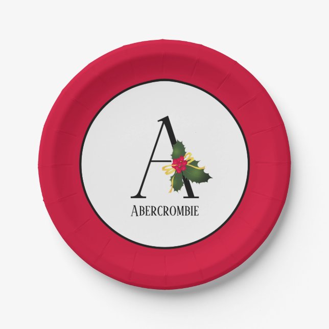 Christmas Holly Berries Elegant Monogram Initial A Paper Plate (Front)
