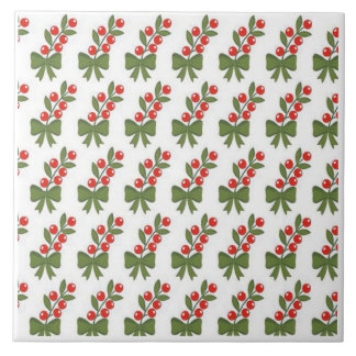 Christmas Holly Berries & Green Bow Pattern Ceramic Tile