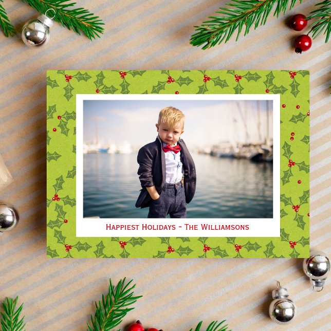 Christmas Holly & Berries Happiest Holidays Photo Holiday Card (Creator Uploaded)