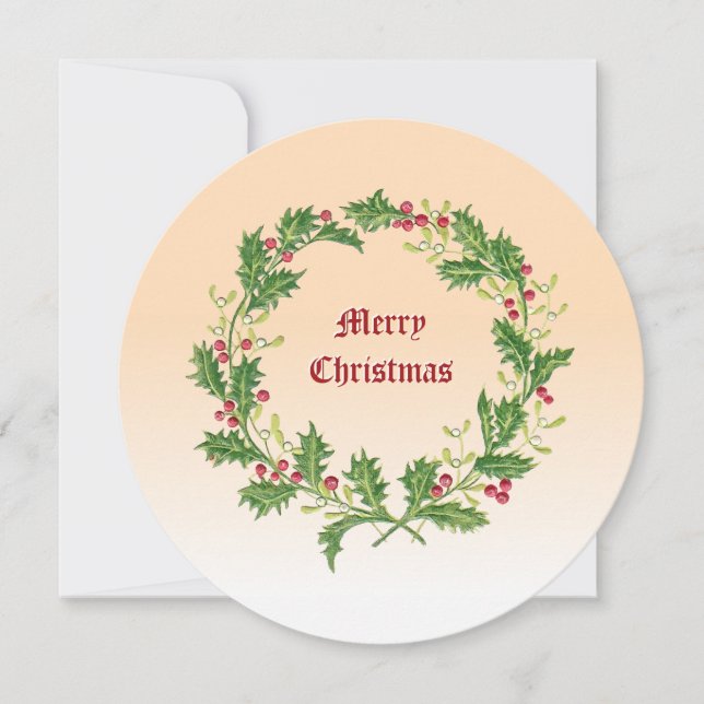 Christmas Holly Berries & Mistletoe Wreath Holiday Card (Front)
