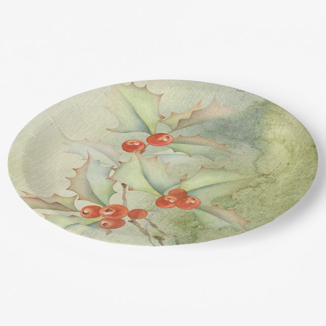 Christmas holly berries paper plate (Angled)