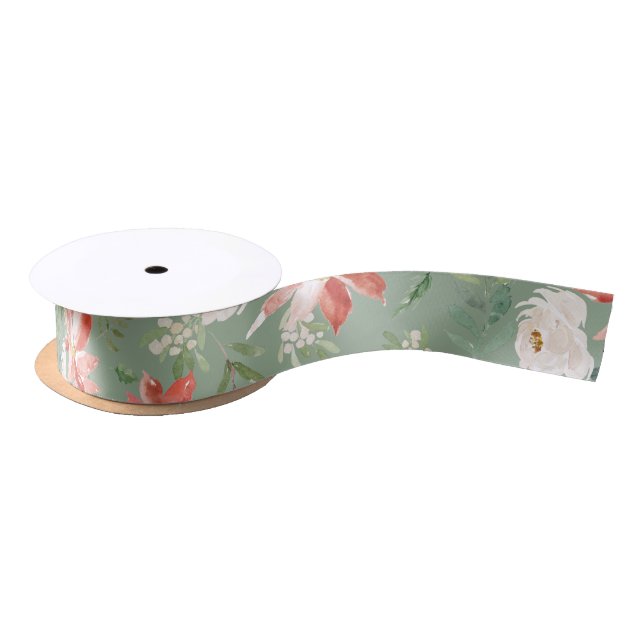 Christmas holly berries poinsettia sage pattern satin ribbon (Spool)