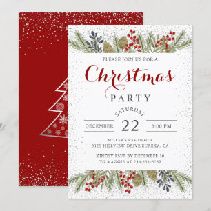 Christmas Holly Berries Silver Glitter Holiday  Invitation