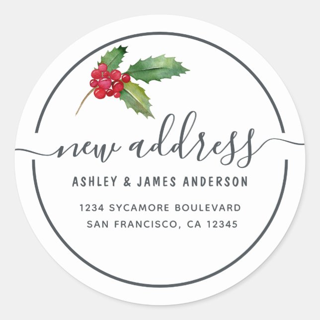 Christmas Holly Berries We've Moved New Address Classic Round Sticker (Front)