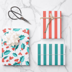 Christmas Holly Berries Wrapping Paper Set of 3