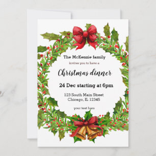 Christmas holly berries wreath invitation