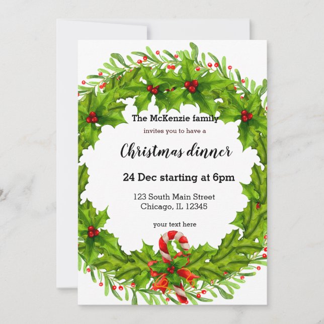 Christmas holly berries wreath invitation (Front)