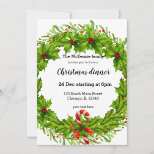 Christmas holly berries wreath invitation