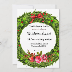Christmas holly berries wreath invitation
