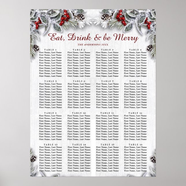 Christmas Holly Berry 16 Tables SEATING CHART (Front)