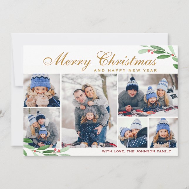 Christmas Holly Berry 6 PHOTO Collage Greeting Holiday Card (Front)