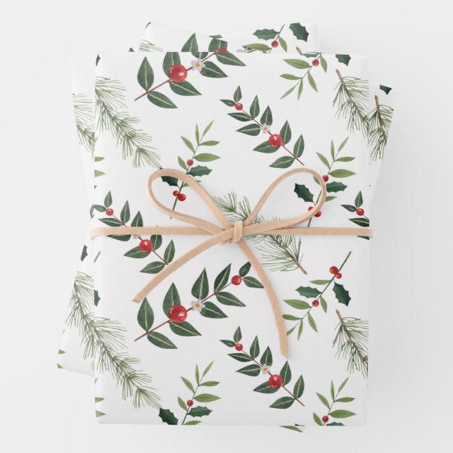 Christmas Holly Berry and Pine Branches White  Wrapping Paper Sheet (In situ)