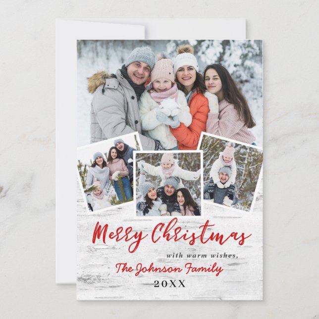 Christmas Holly Berry Birch 4 PHOTO Bark Greeting Holiday Card (Front)