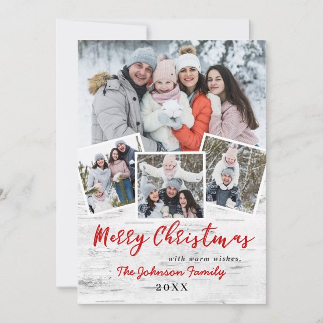 Christmas Holly Berry Birch Bark 4 PHOTO Greeting Holiday Card (Front)