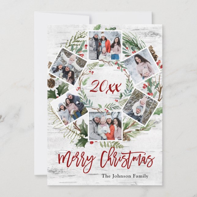 Christmas Holly Berry Birch Bark 6 PHOTO Greeting Holiday Card (Front)