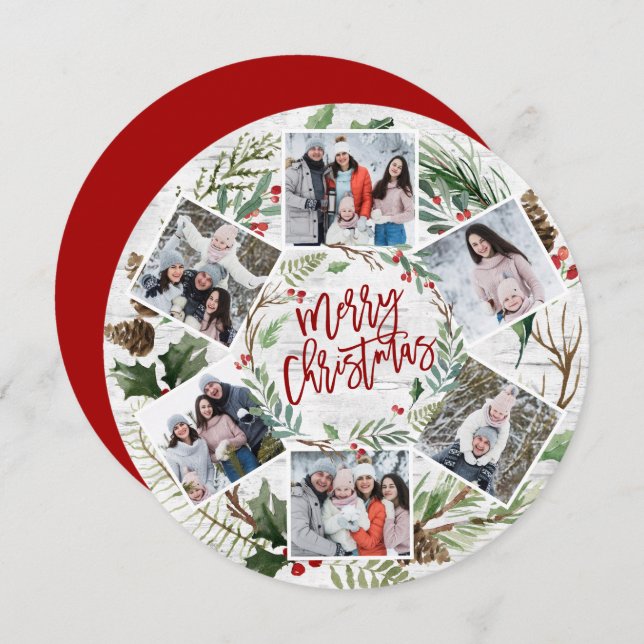 Christmas Holly Berry Birch Bark 6 PHOTO Greeting Holiday Card (Front/Back)