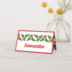 Christmas holly berry border folded escort place card