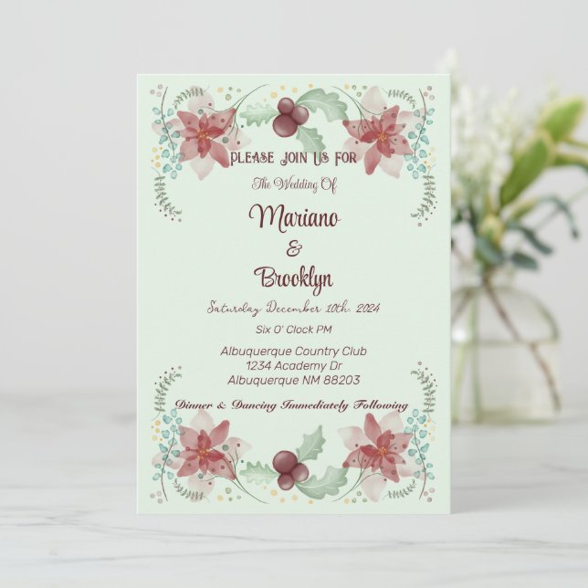 Christmas Holly Berry Botanical Greenery Evergreen Invitation (Standing Front)