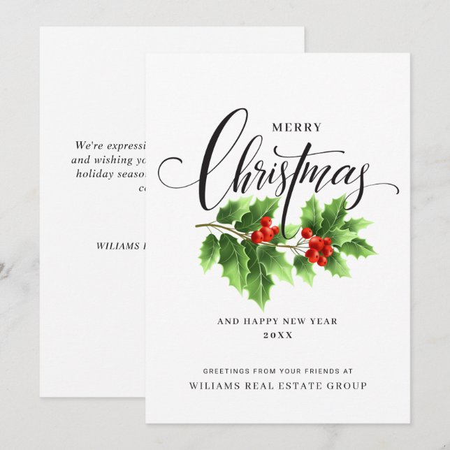 Christmas Holly Berry Branch Corporate Greeting Holiday Card (Front/Back)